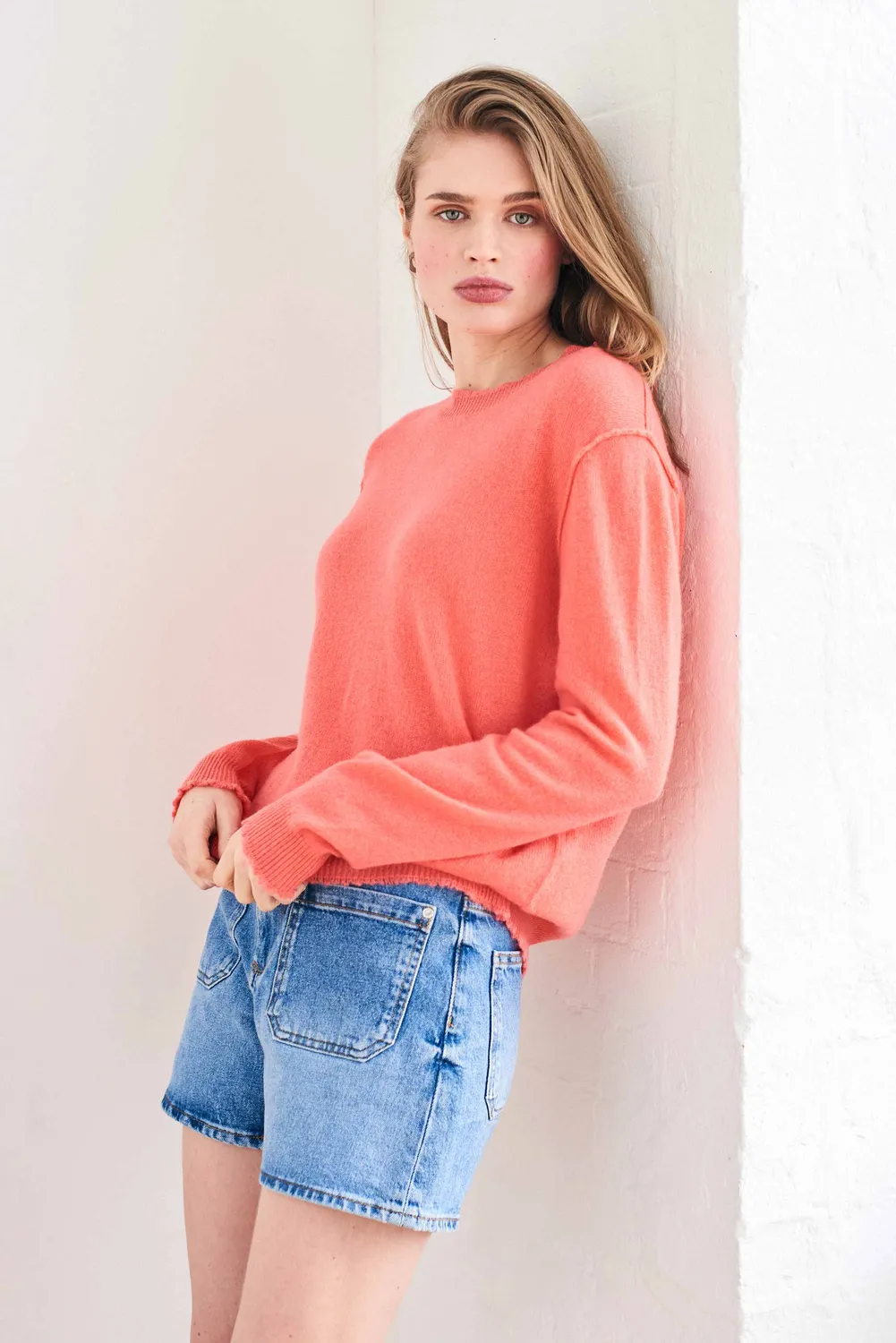 JUMPER 1234 Cashmere Distressed Crew maglione corallo leggero