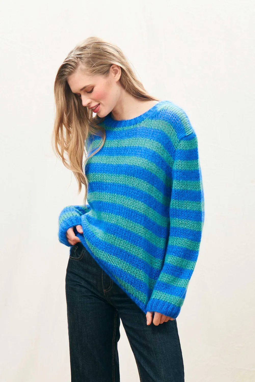 Jumper 1234 Stripe Crew maglione blu verde mohair taglia 2