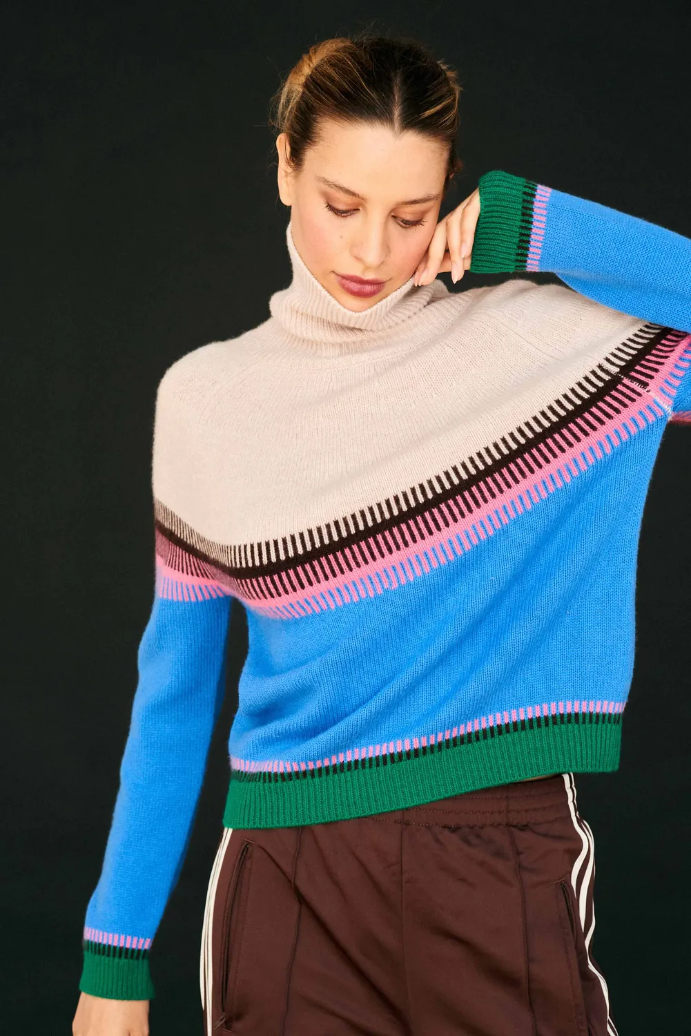 Jumper 1234 Wool Cashmere Block Fair Isle maglione collo alto blu pesante