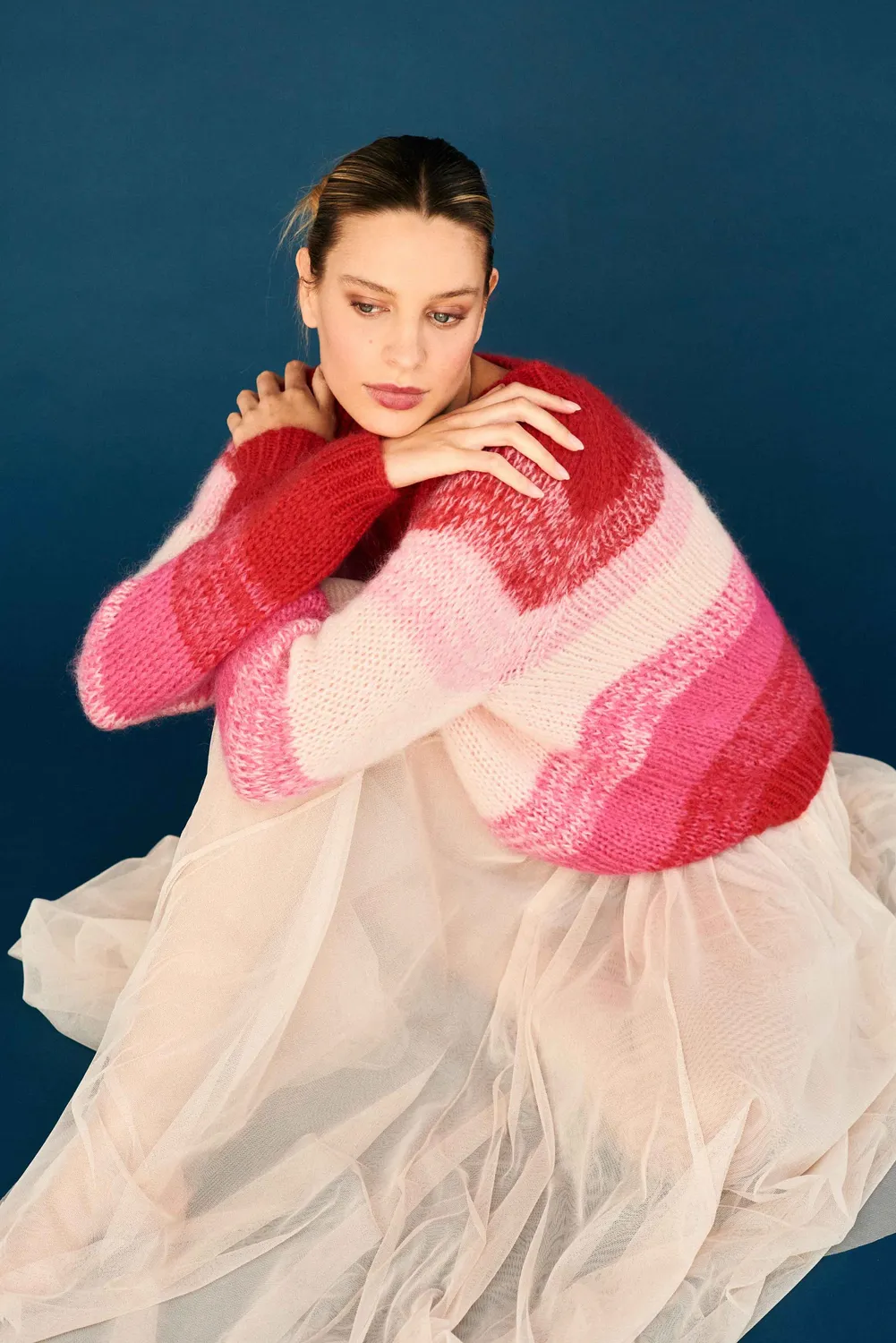 Jumper 1234 Hand Knit Gradient Stripe Crew maglione rosa mohair