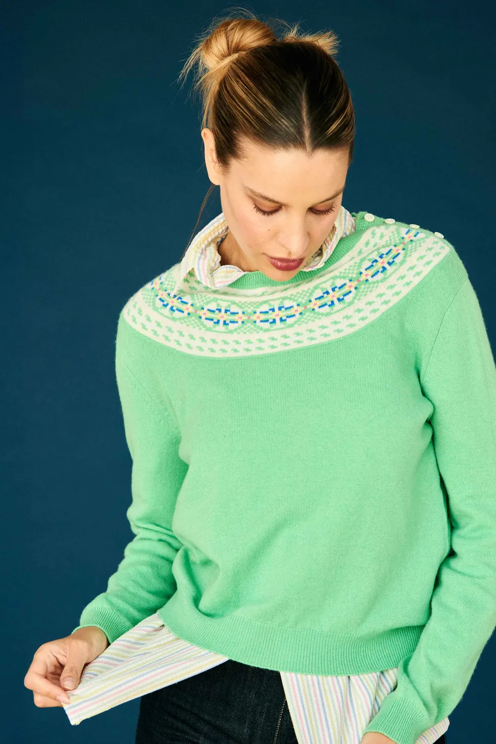 Jumper 1234 Yoke Fair Isle maglione verde lana cashmere