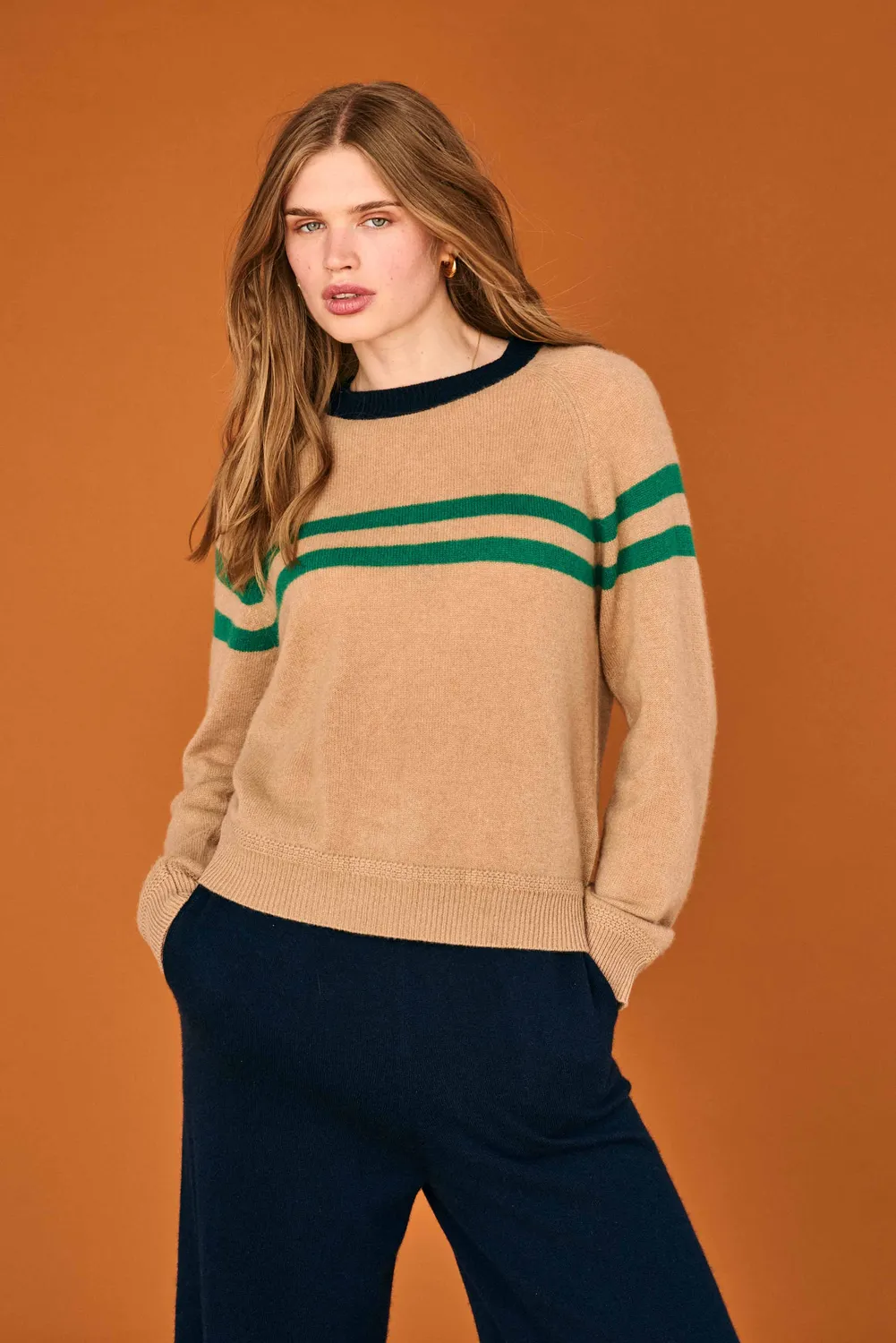 JUMPER 1234 Cashmere Chest Stripe Crew maglione cammello