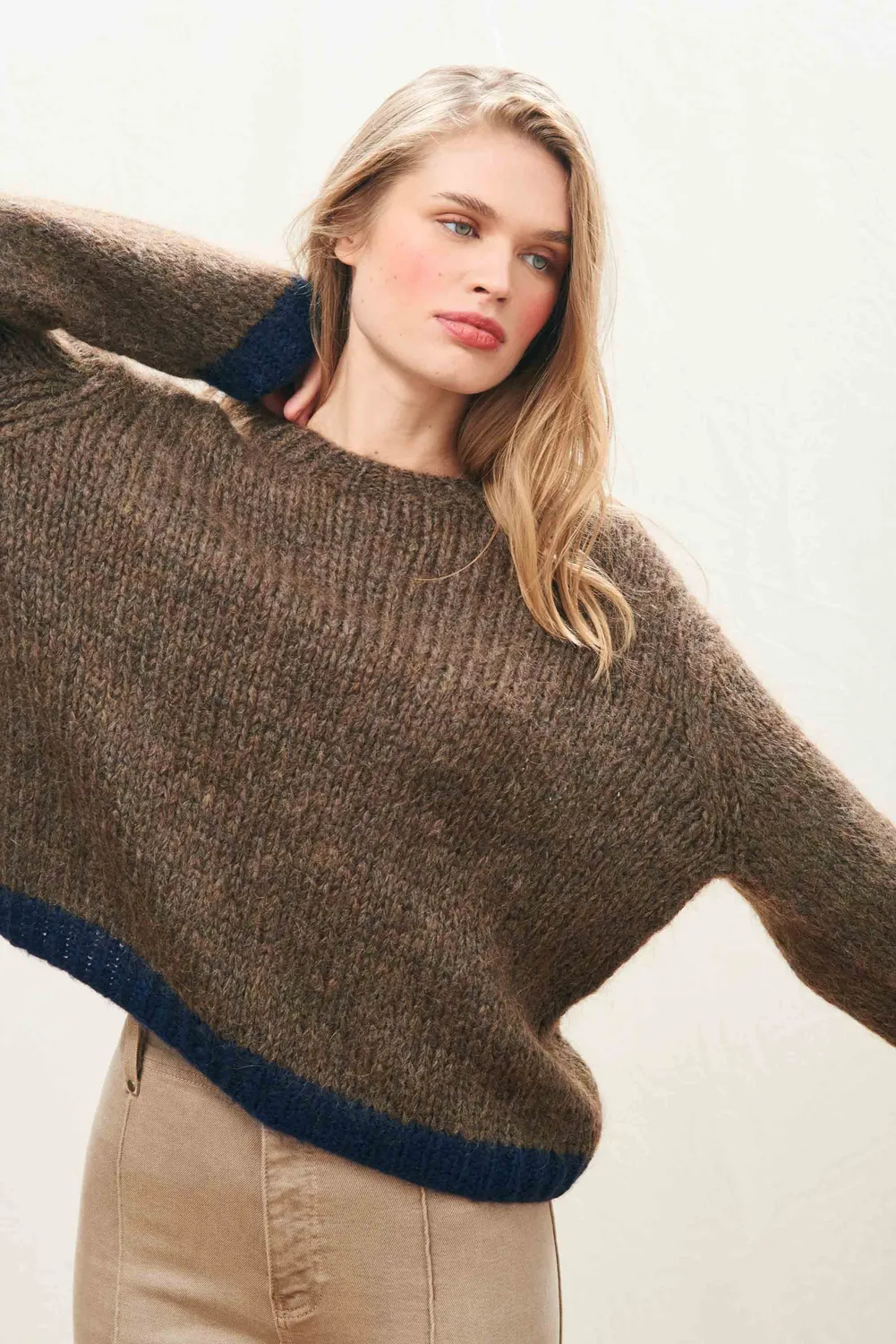 Jumper 1234 Hand Knit Tipped Crew maglione mohair cioccolato