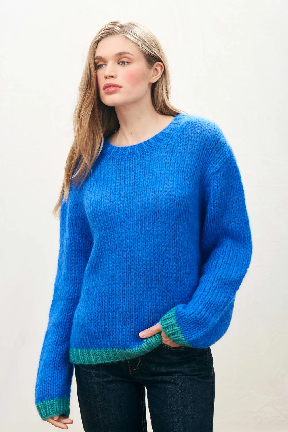 Jumper 1234 Hand Knit Tipped Crew maglione blu verde mohair