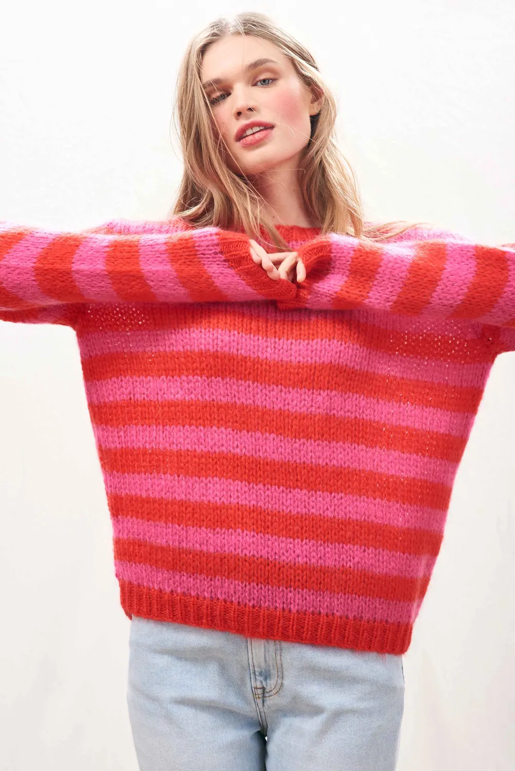 Jumper 1234 Hand Knit Stripe Crew maglione rosa rosso mohair