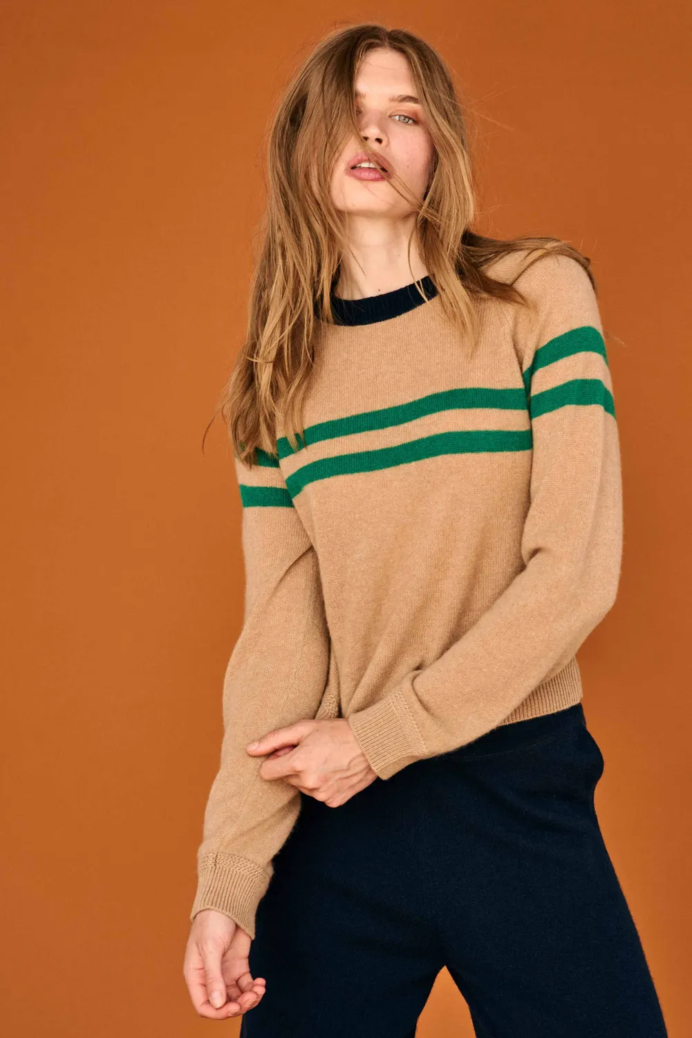 JUMPER 1234 Cashmere Chest Stripe Crew maglione cammello
