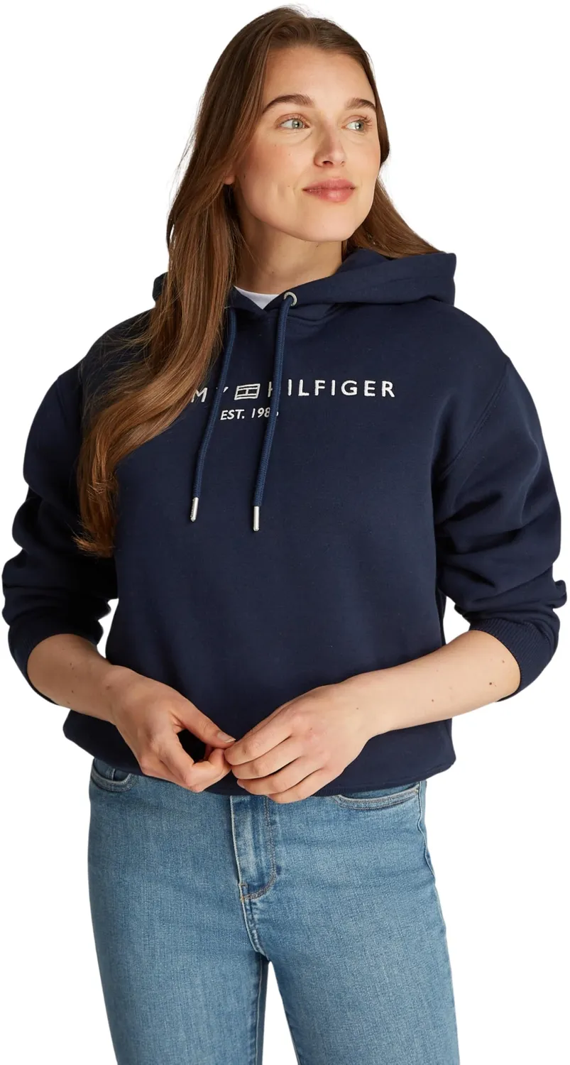 Tommy Hilfiger Logo Felpa Donna con Cappuccio Nero Black