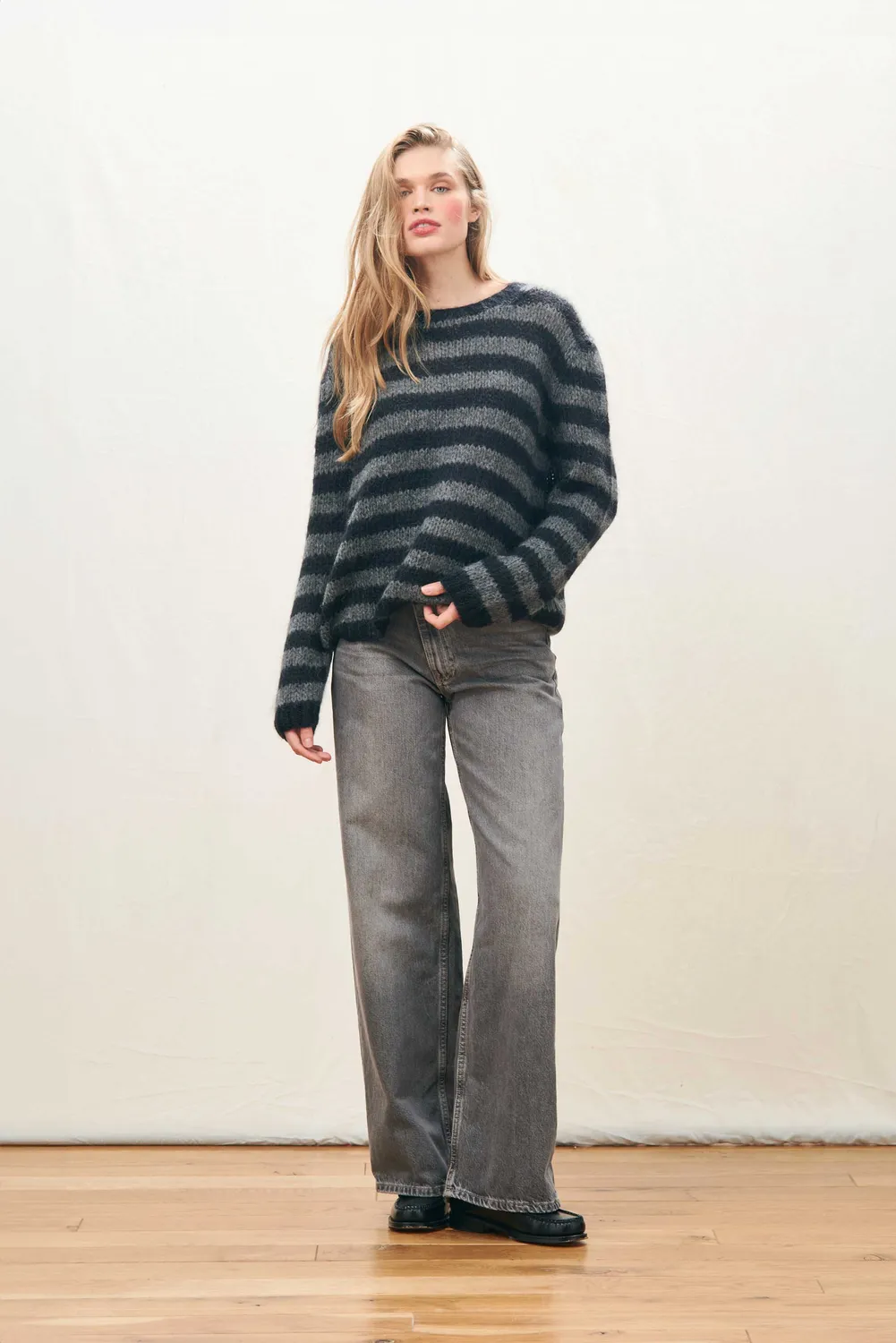 Jumper 1234 Hand Knit Stripe Crew maglione mohair nero lana