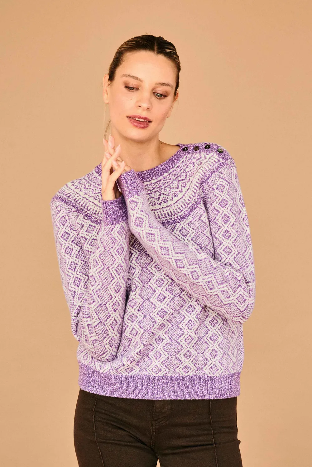 Jumper 1234 Wool Cashmere Jacquard Yoke Crew maglione viola
