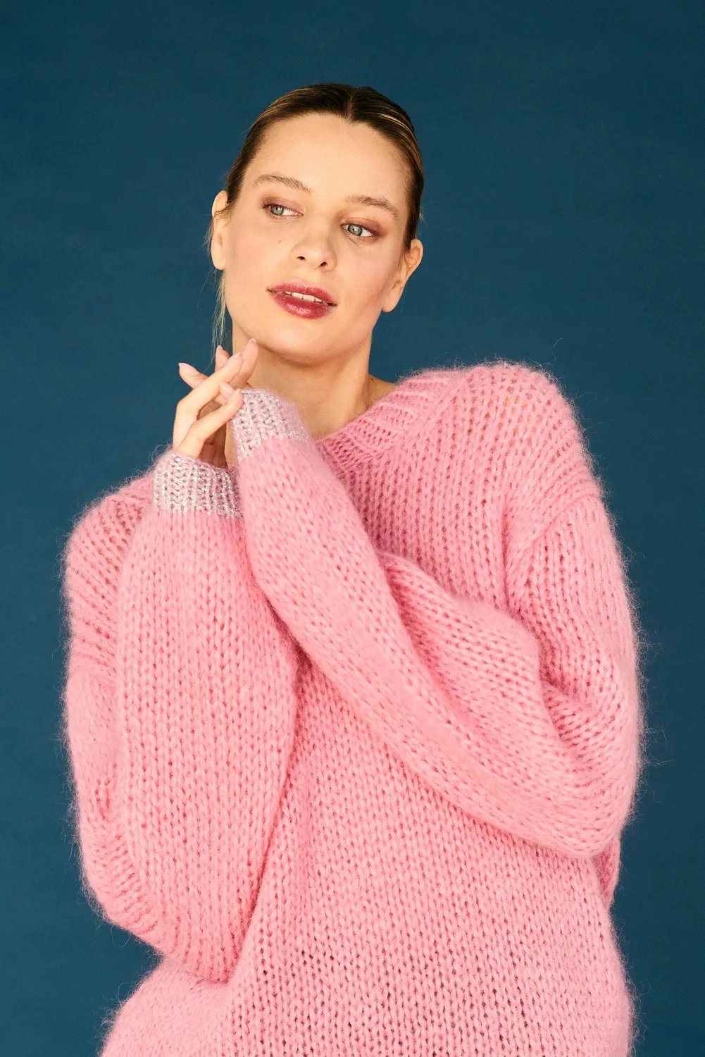 Jumper 1234 Hand Knit Contrast Crew maglione rosa argento mohair