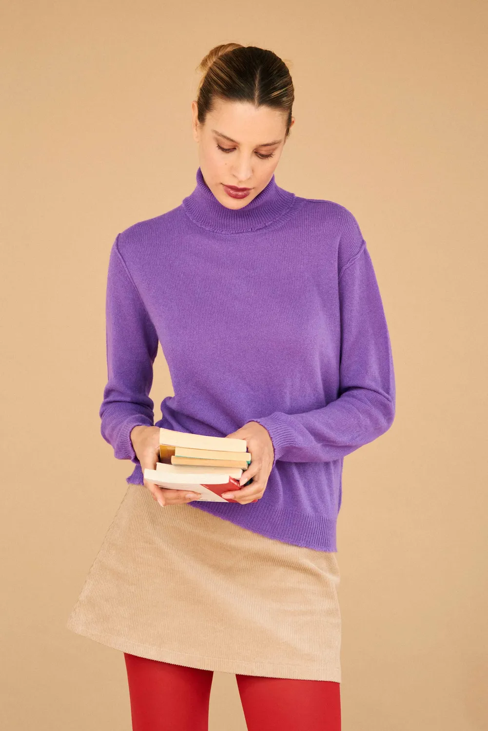 Jumper 1234 Cashmere Distressed Roll Collar maglione viola leggero