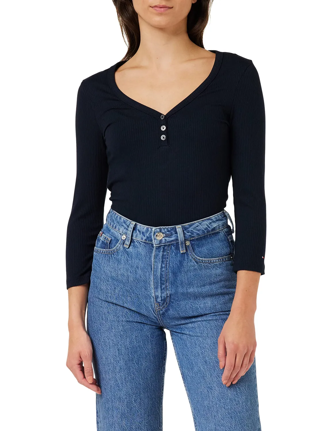 Tommy Hilfiger Slim 5x2 Rib Henley 3/4 Ww0ww37874 top donna nero XXS
