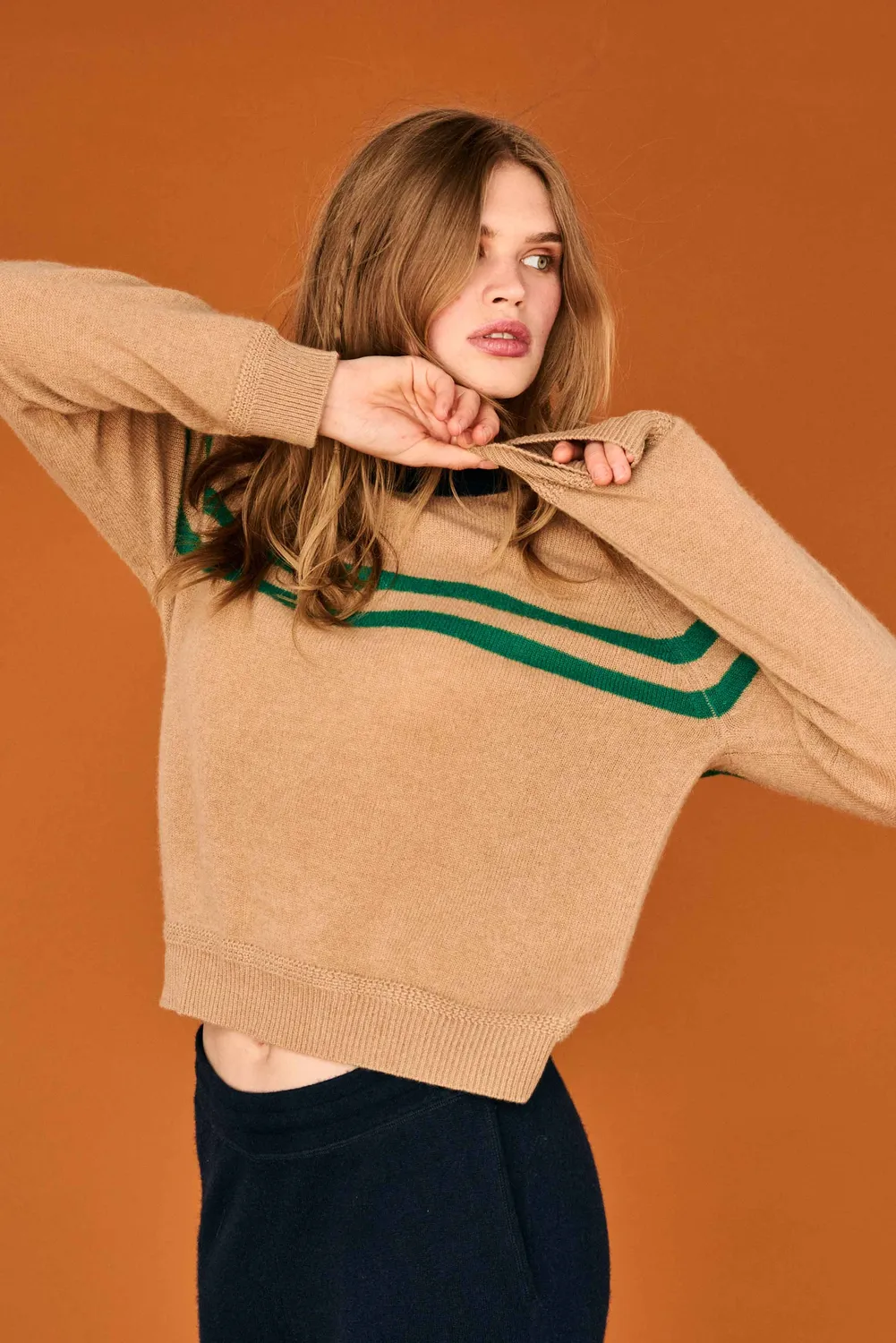 JUMPER 1234 Cashmere Chest Stripe Crew maglione cammello