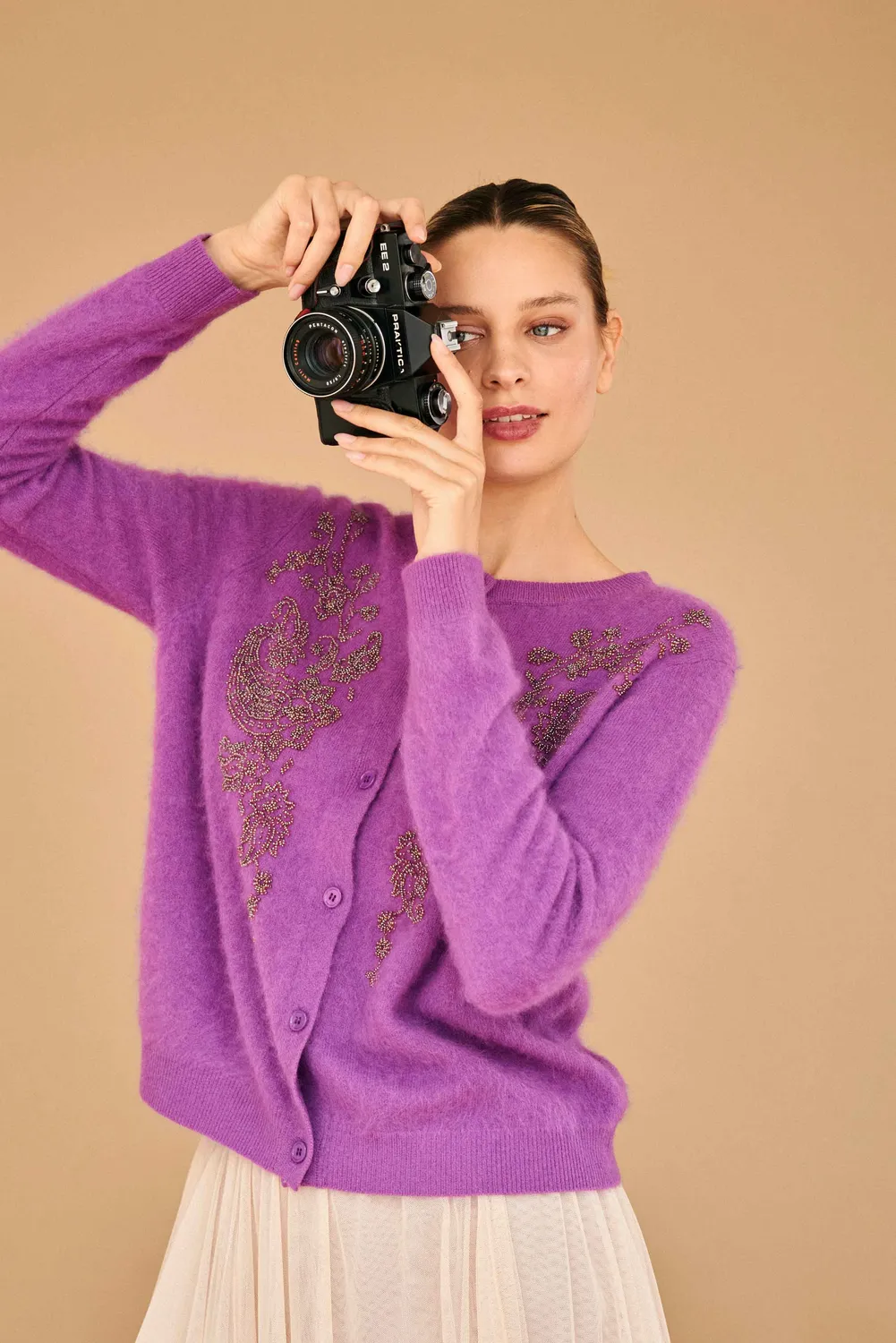 Jumper 1234 Beaded Paisley cardigan lana viola con perline
