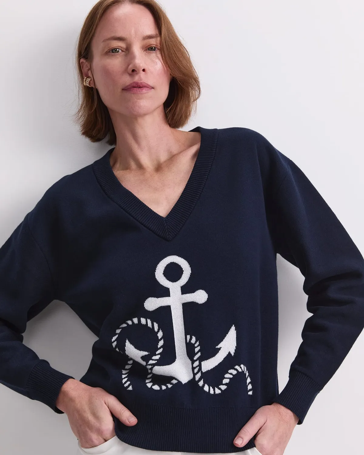 Sportscraft Anchor maglione cotone jacquard scollo V