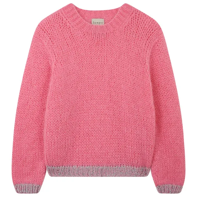 Jumper 1234 Hand Knit Contrast Crew maglione rosa argento mohair