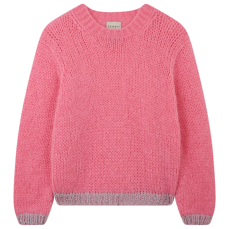 Jumper 1234 Hand Knit Contrast Crew maglione rosa argento mohair
