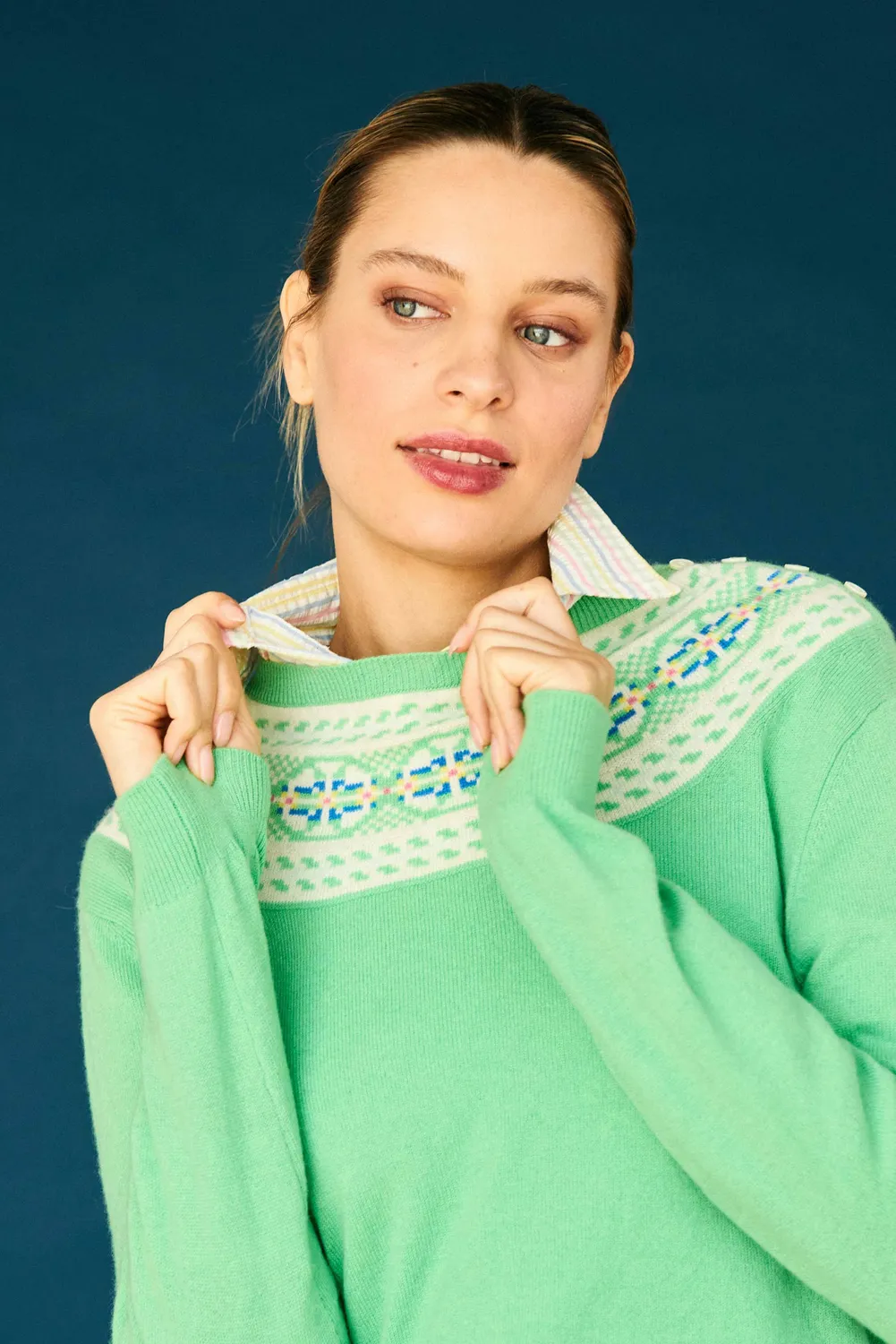 Jumper 1234 Yoke Fair Isle maglione verde lana cashmere