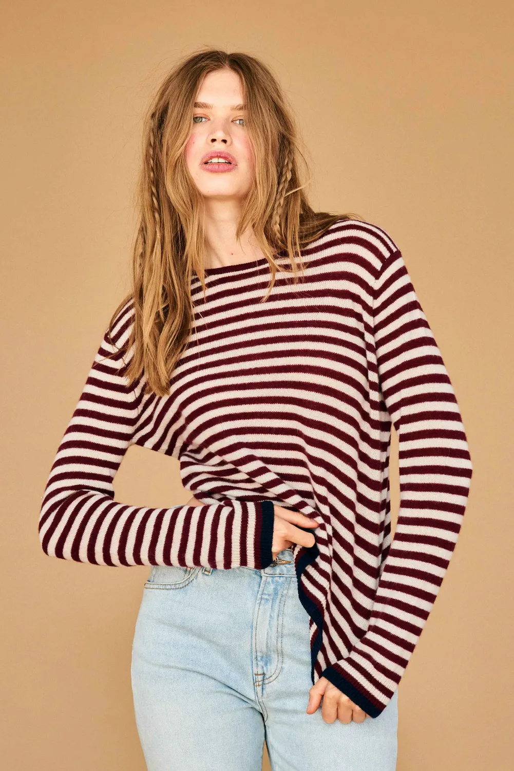 Jumper 1234 Cashmere Tipped Little Stripe Crew maglione bordeaux