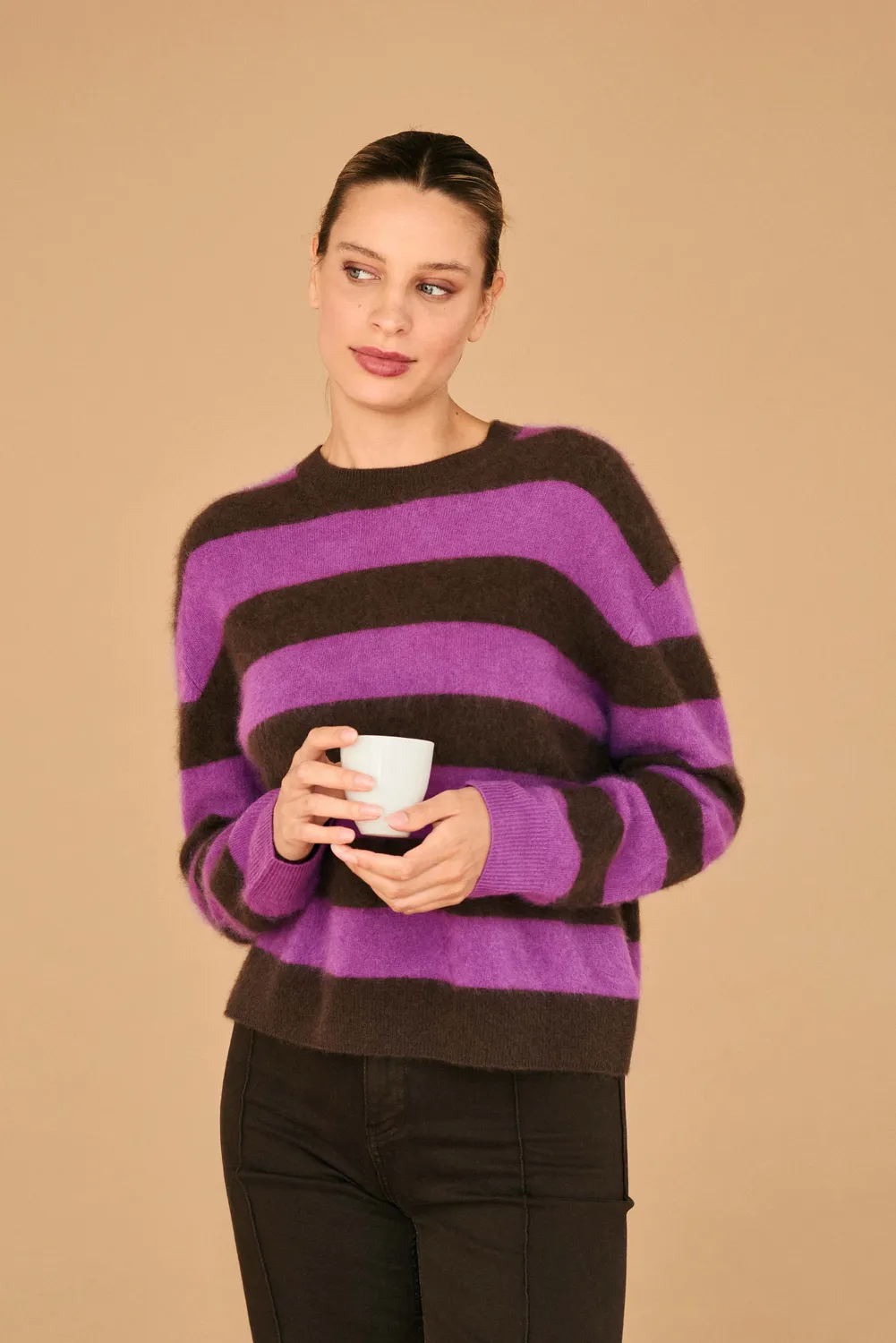 JUMPER 1234 Brushed Stripe Crew Maglione marrone lana spazzolata