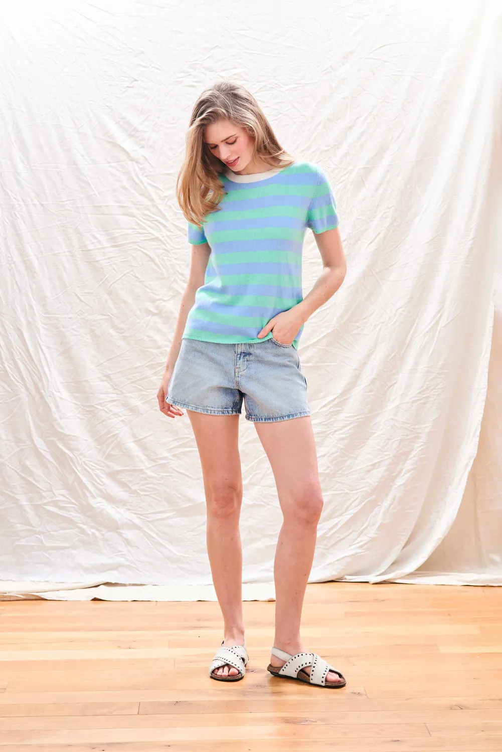 Jumper 1234 Stripe T-Shirt maglia righe blu verde maniche corte