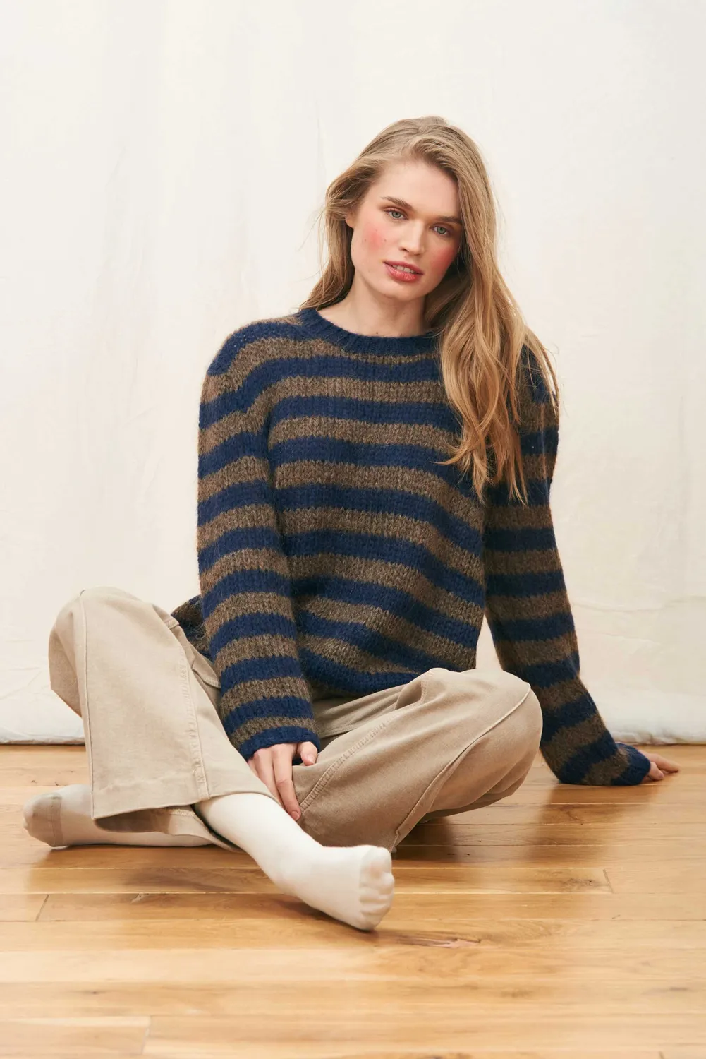 Jumper 1234 Hand Knit Stripe Crew maglione navy cioccolato