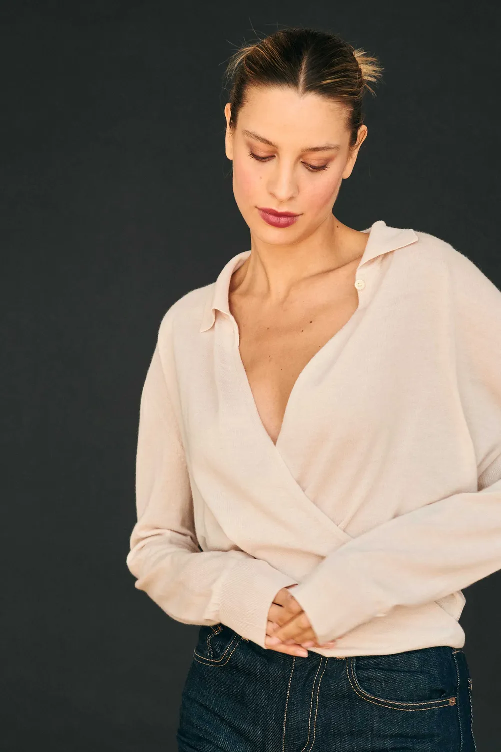 Jumper 1234 Merino Twisted Drape Polo maglione pietra merino