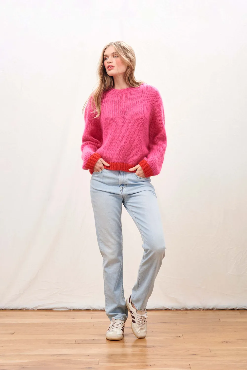 Jumper 1234 Hand Knit Tipped Crew maglione mohair rosa