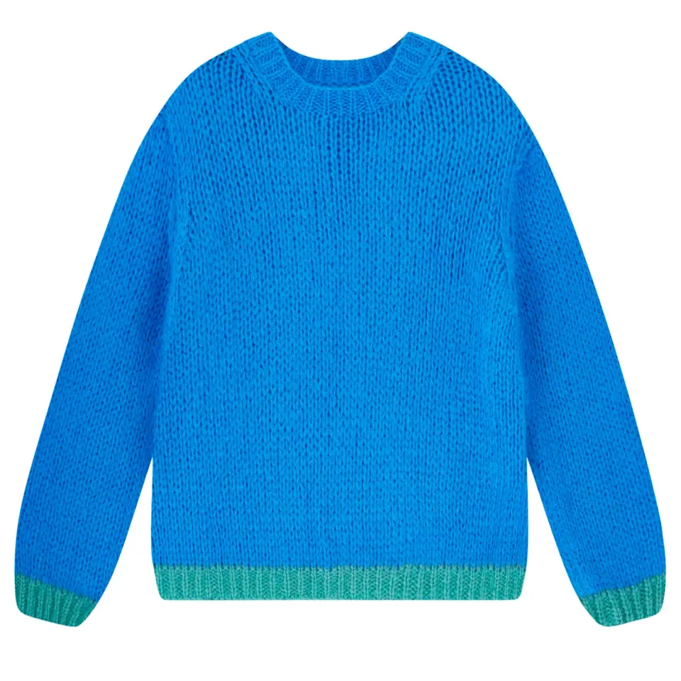 Jumper 1234 Hand Knit Tipped Crew maglione blu verde mohair
