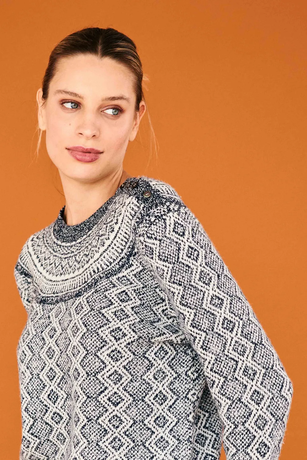 JUMPER 1234 Jacquard Yoke Crew maglione lana blu navy fantasia