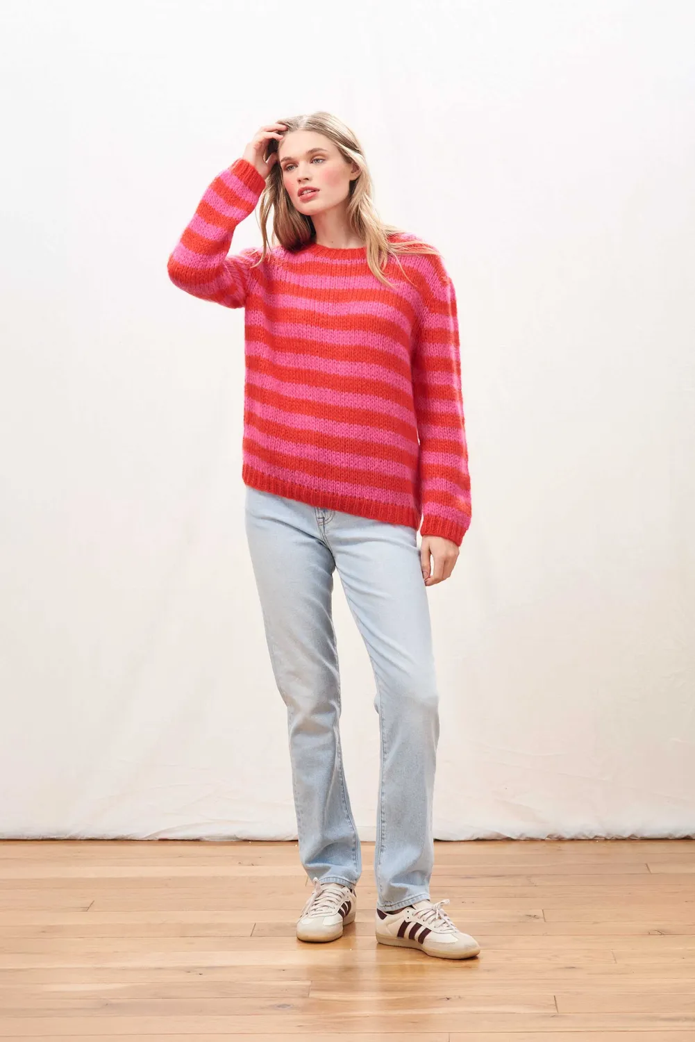 Jumper 1234 Hand Knit Stripe Crew maglione rosa rosso mohair