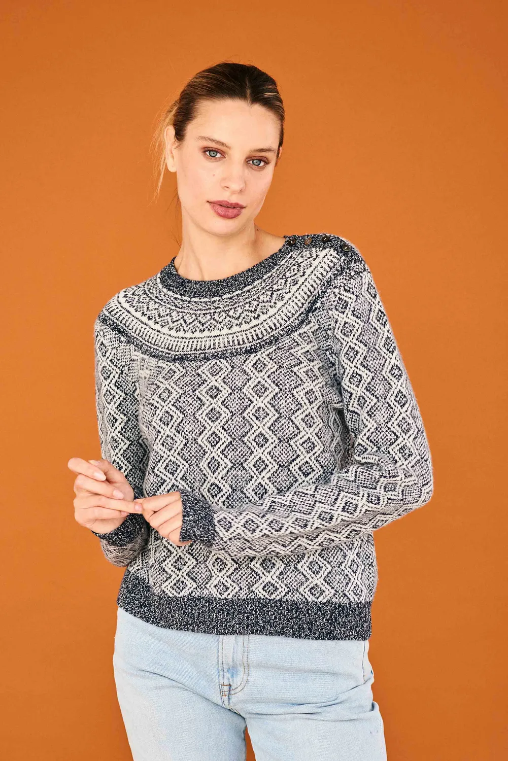 JUMPER 1234 Jacquard Yoke Crew maglione lana blu navy fantasia