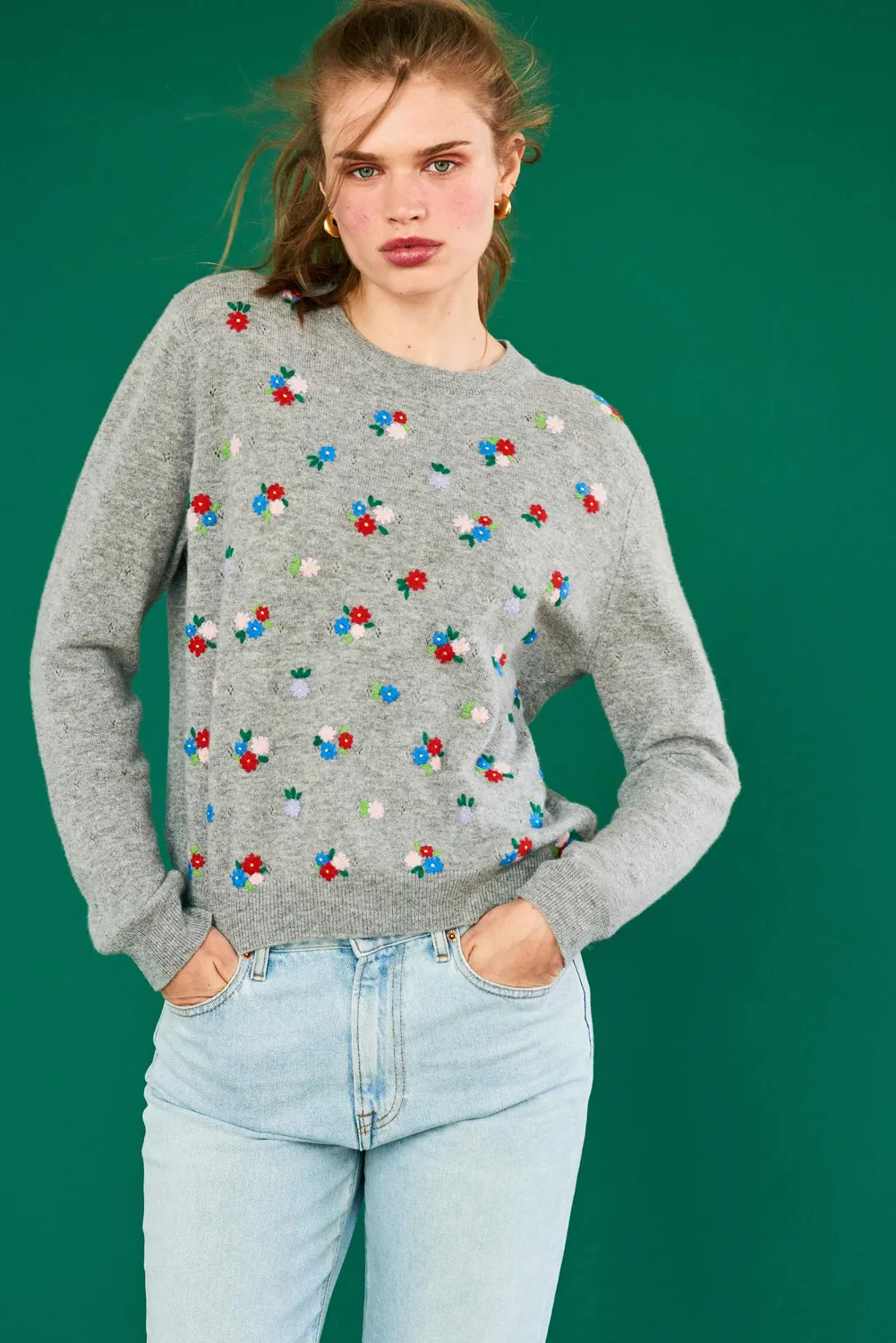 Jumper 1234 Floral maglione cashmere grigio ricamato