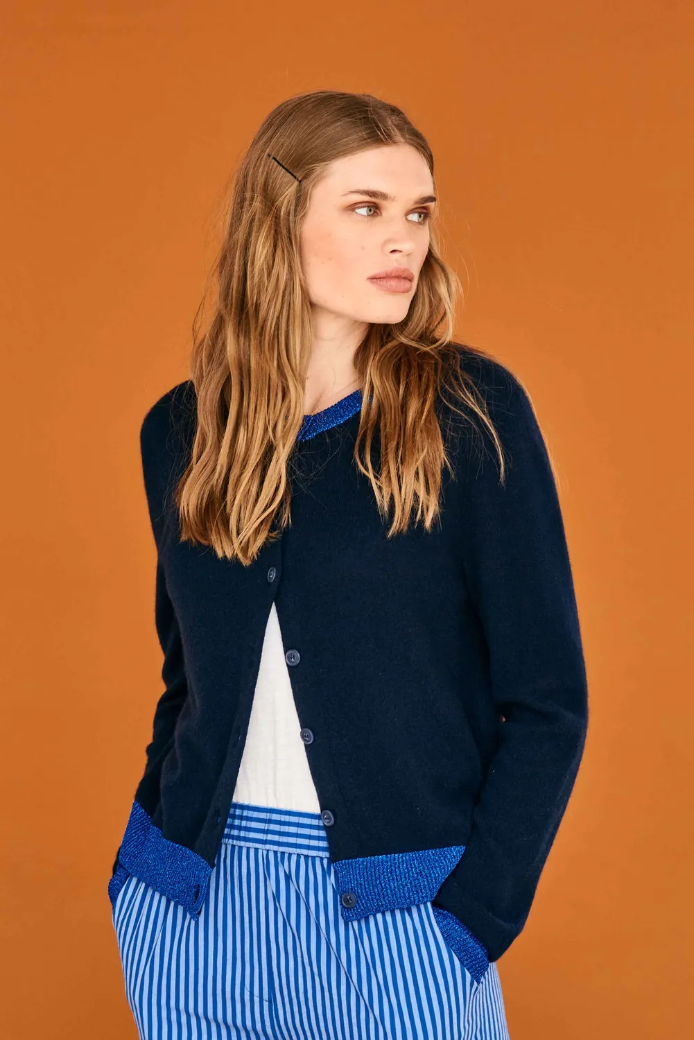 Jumper 1234 Lurex Trim cardigan cashmere blu navy