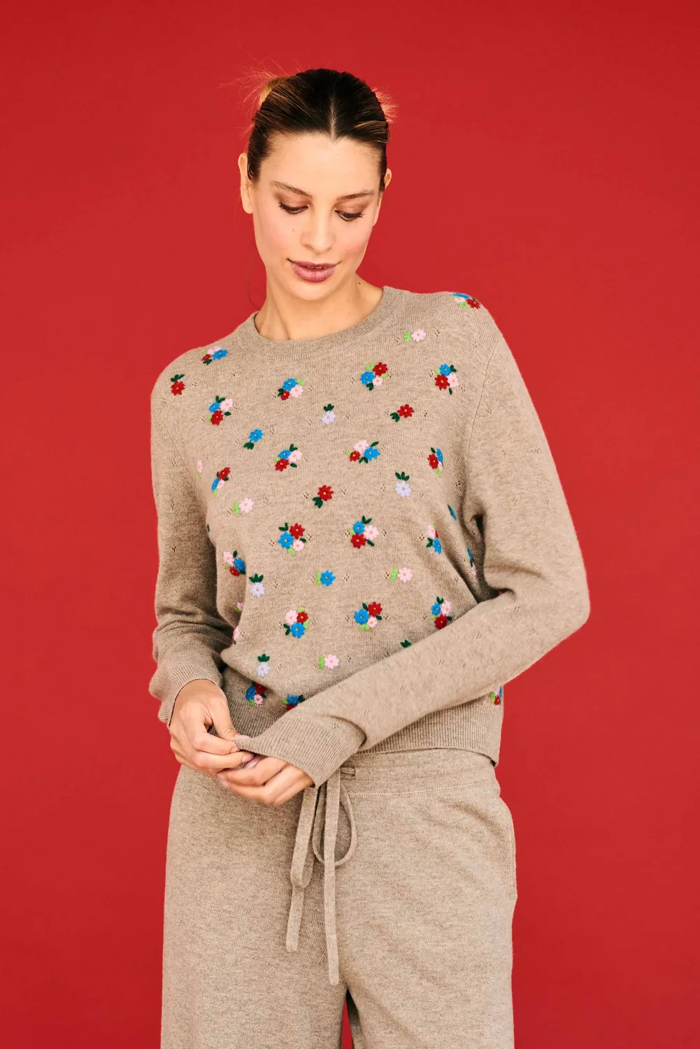Jumper 1234 Floral Crew maglione lana cashmere marrone