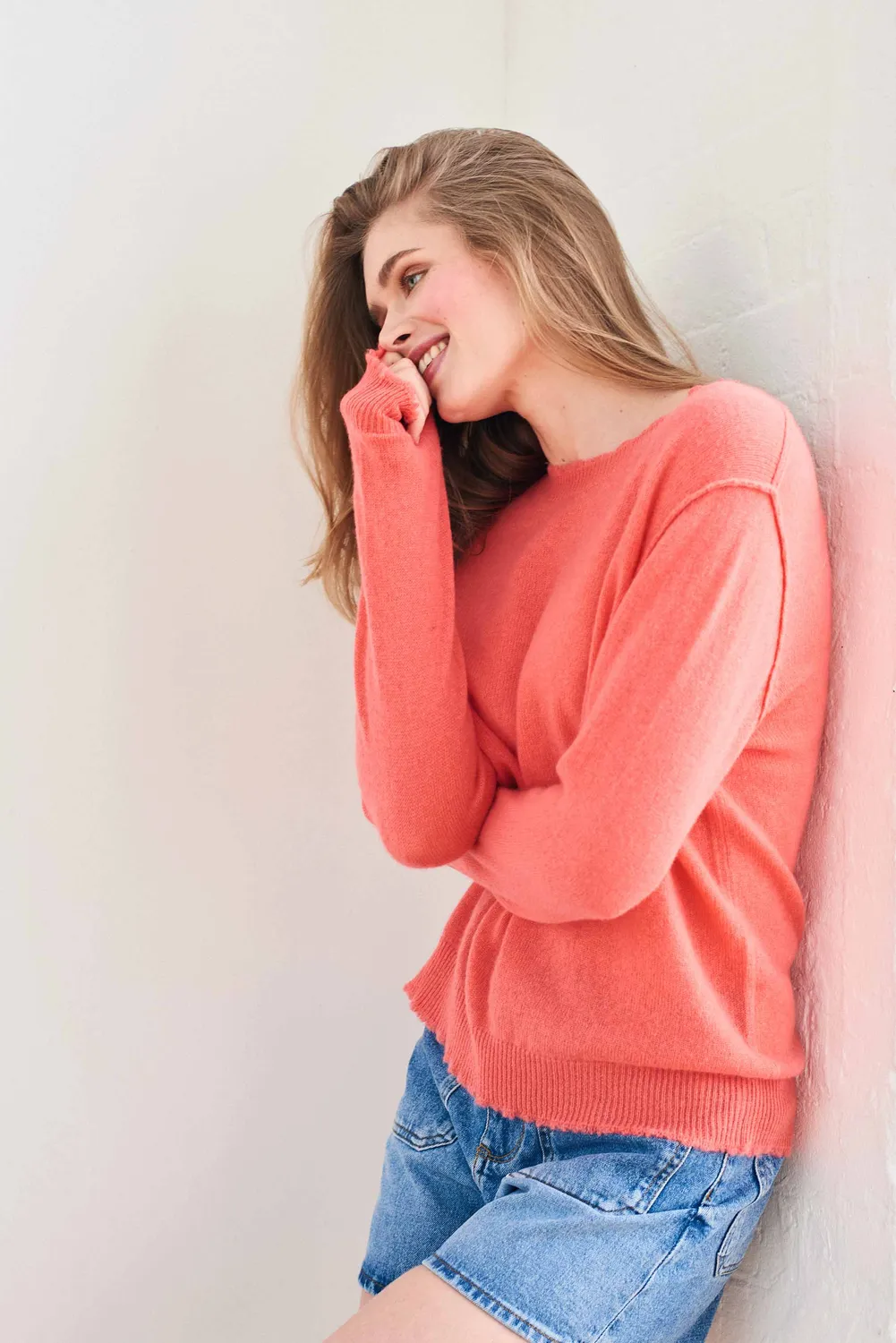 JUMPER 1234 Cashmere Distressed Crew maglione corallo leggero