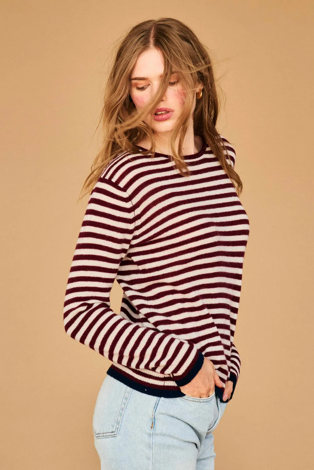 Jumper 1234 Cashmere Tipped Little Stripe Crew maglione bordeaux