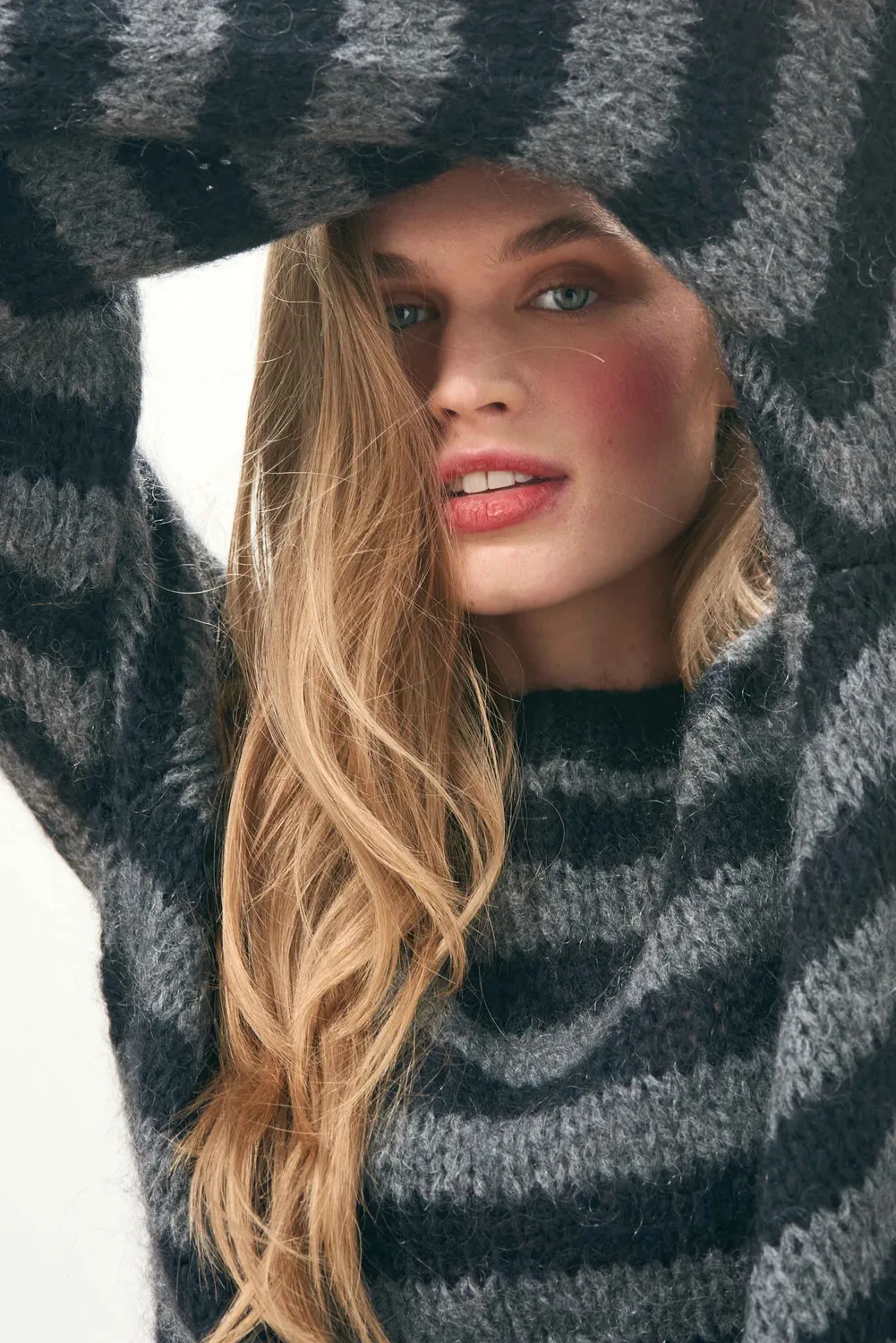 Jumper 1234 Hand Knit Stripe Crew maglione mohair nero lana