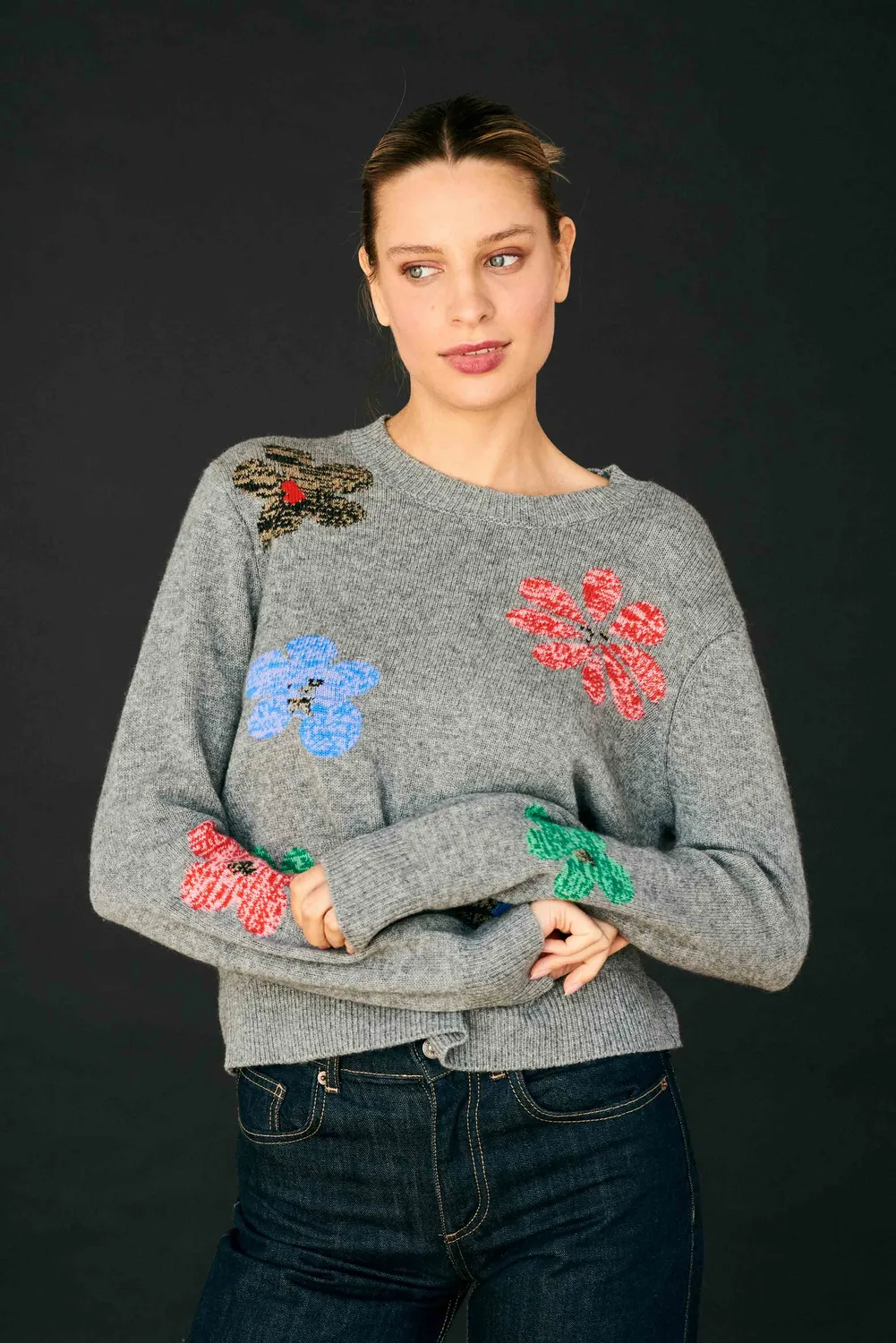Jumper 1234 Twisted Floral Crew maglione lana grigio fiori